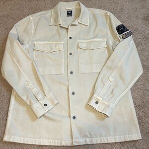 Zara Military Patchwork Utility Pocket Jacket Beige Denim Coat Mens XL Outdoor